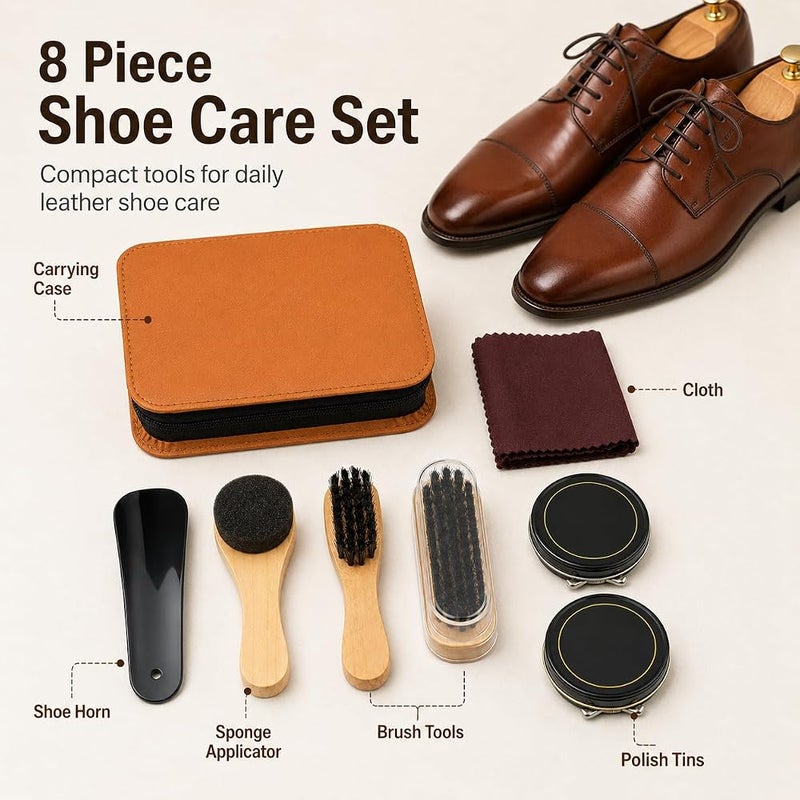TERRIFI Shoe Polish Kit, 8 Pcs Leather Shoe Care Set with Brushes, Cloth, Colorless Polish and PU Leather Carrying Case, Travel Cleaning Kit for Home and Daily Use - Image 2