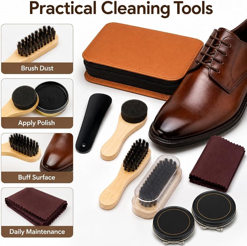 TERRIFI Shoe Polish Kit, 8 Pcs Leather Shoe Care Set with Brushes, Cloth, Colorless Polish and PU Leather Carrying Case, Travel Cleaning Kit for Home and Daily Use - Image 4