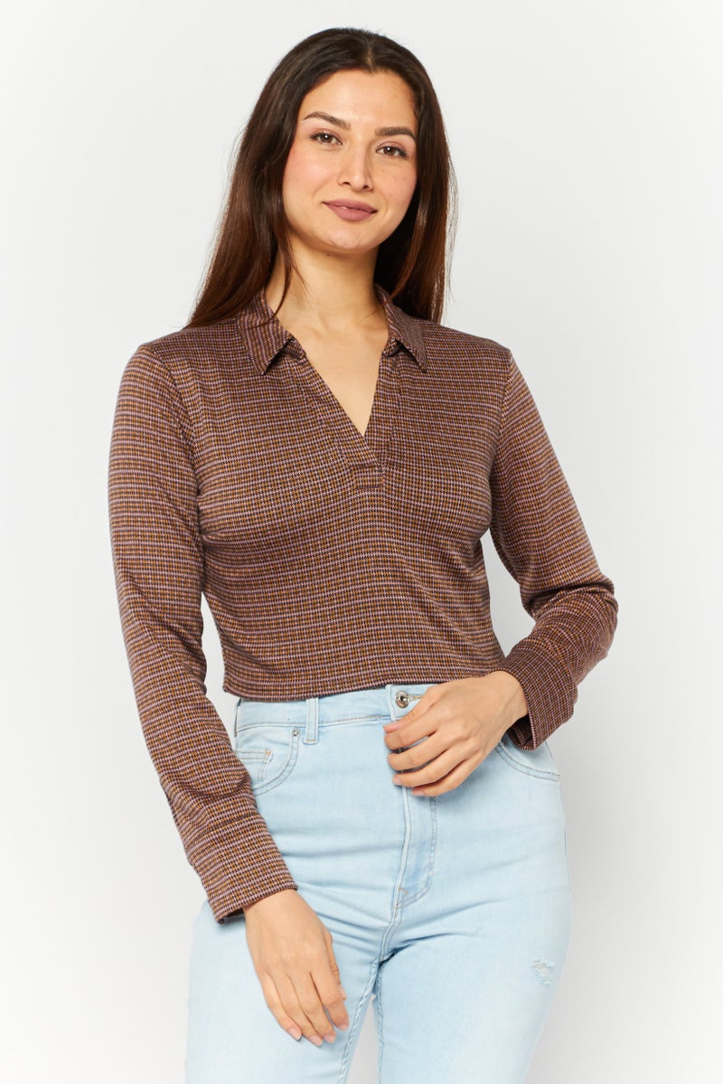 BRAVE SOUL Women Spread Collar Long Sleeve Jacquard Printed Crop Top, Brown - Image 1