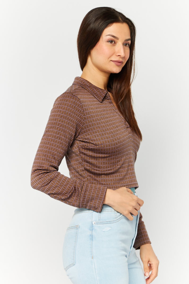 BRAVE SOUL Women Spread Collar Long Sleeve Jacquard Printed Crop Top, Brown - Image 2