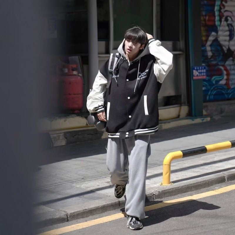 Hooded Fake Two-Piece Jacket Coat Boys Loose Casual Fashionable Stitching Sports Baseball Suit Top - Image 2