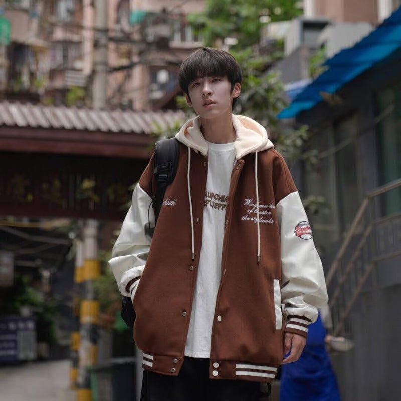 Hooded Fake Two-Piece Jacket Coat Boys Loose Casual Fashionable Stitching Sports Baseball Suit Top - Image 1