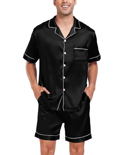 SWOMOG Men Satin Silk Pajamas Sets Short Sleeve Sleepwear Button-Down PJs Sets Two-Pieces Loungewear with Pockets Black - Image 3