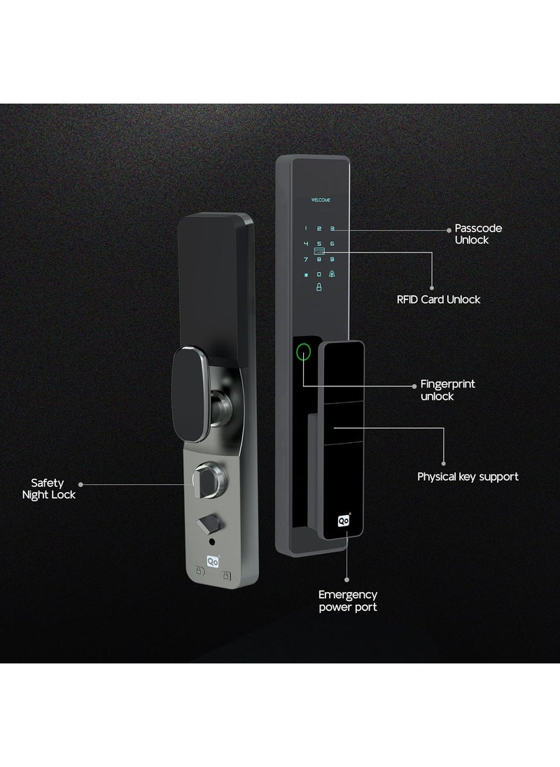 SmartiQo - SmartiQo L3 Smart Door Lock 5Way Unlocking 5 Bolts Fingerprint PIN Remote Unlocking via OTP Access Card Mobile App Mechanical Key 2 Years Brand Warranty Grey - Image 1