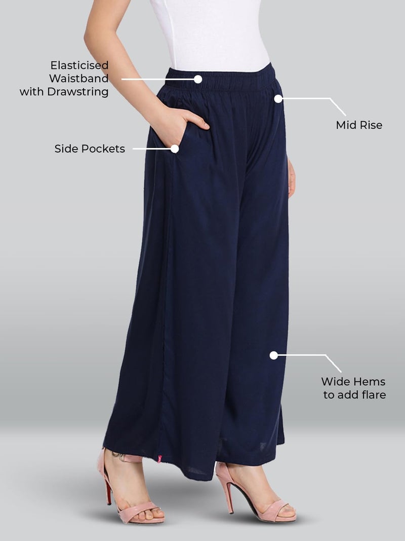 Lyra Regular Women's Rayon Solid Palazzo | Free Size Pack of 1 Blue - Image 3