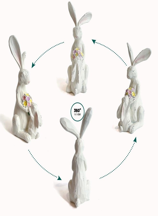 LIFFY Easter Bunnies Statue Home Decor - Charming Hand Painted Resin Rabbit Figurines with Flower, Pretty Spring Home Decor & Gift - Image 2