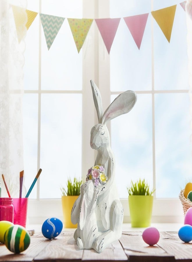 LIFFY Easter Bunnies Statue Home Decor - Charming Hand Painted Resin Rabbit Figurines with Flower, Pretty Spring Home Decor & Gift - Image 4