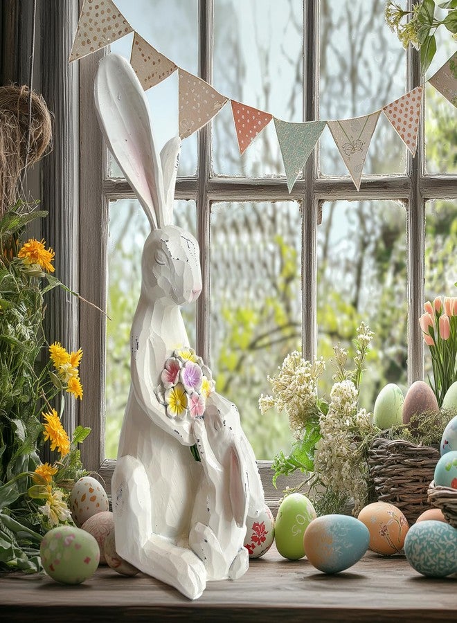 LIFFY Easter Bunnies Statue Home Decor - Charming Hand Painted Resin Rabbit Figurines with Flower, Pretty Spring Home Decor & Gift - Image 3