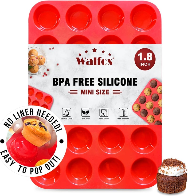 Walfos قالب ولفوس سيليكون صغير للمافن - 24 كوب، خالٍ من BPA وآمن للغسالة الصحون، قالب خبز كب كيك سيليكون غير لاصق، رائع لصنع كيك المافن، التارت، الخبز - Image 1
