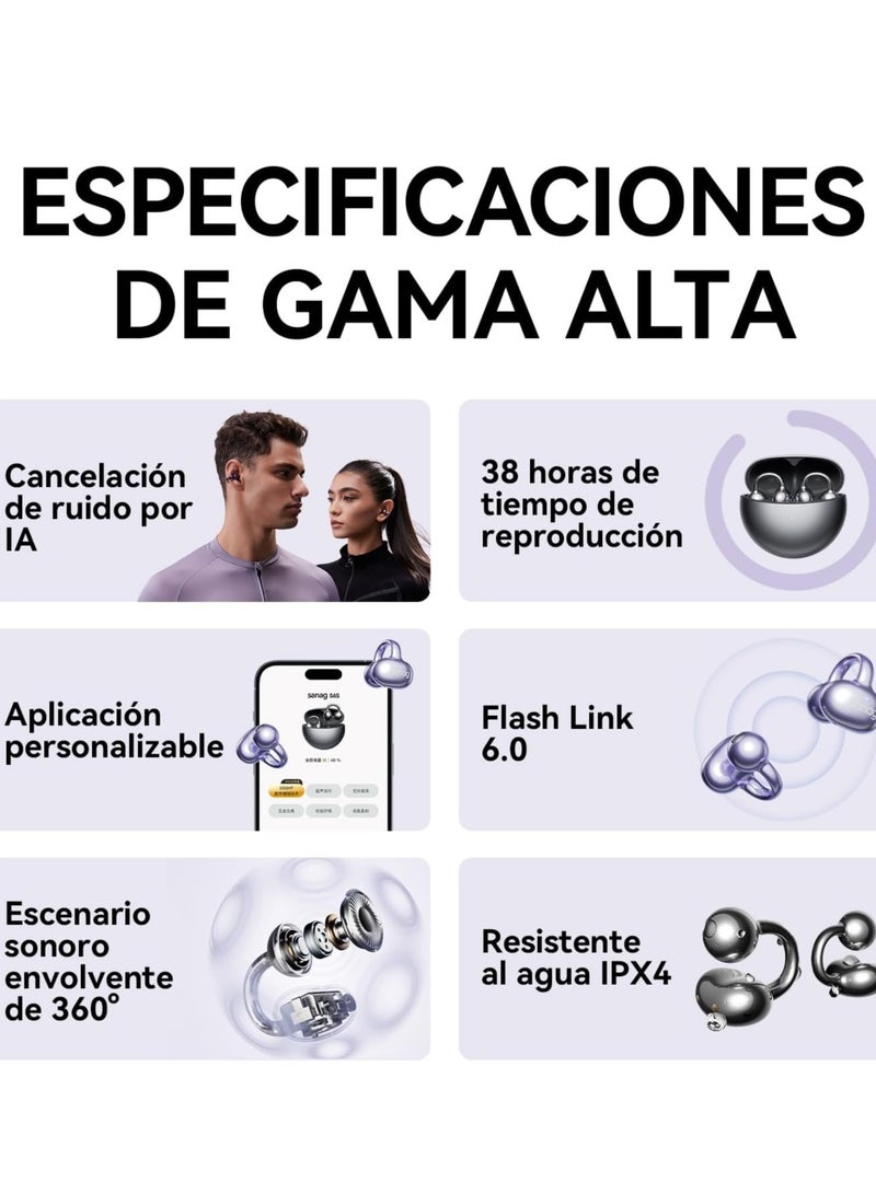 Sanag S6S PRO Open Ear Free Clip-On Headphones, True Wireless Bluetooth Earphones with Microphone, IPX4 Waterproof Sports Earbuds, 38H Playtime OWS Design Fit Sport Running, App Custom Settings (Purple) - Image 3