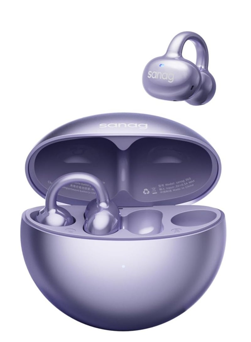 Sanag S6S PRO Open Ear Free Clip-On Headphones, True Wireless Bluetooth Earphones with Microphone, IPX4 Waterproof Sports Earbuds, 38H Playtime OWS Design Fit Sport Running, App Custom Settings (Purple) - Image 1
