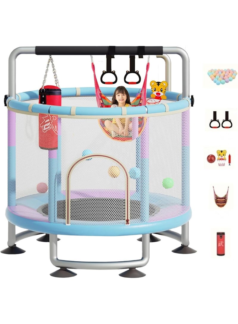 Soofam Indoor Outdoor Trampoline for Kids, Toddler Trampoline with Safety Enclosure Net, Mini Baby Trampoline with Basketball Hoop/Swing/Sandbag,Children's Bungee Jumping Trampoline - Image 1