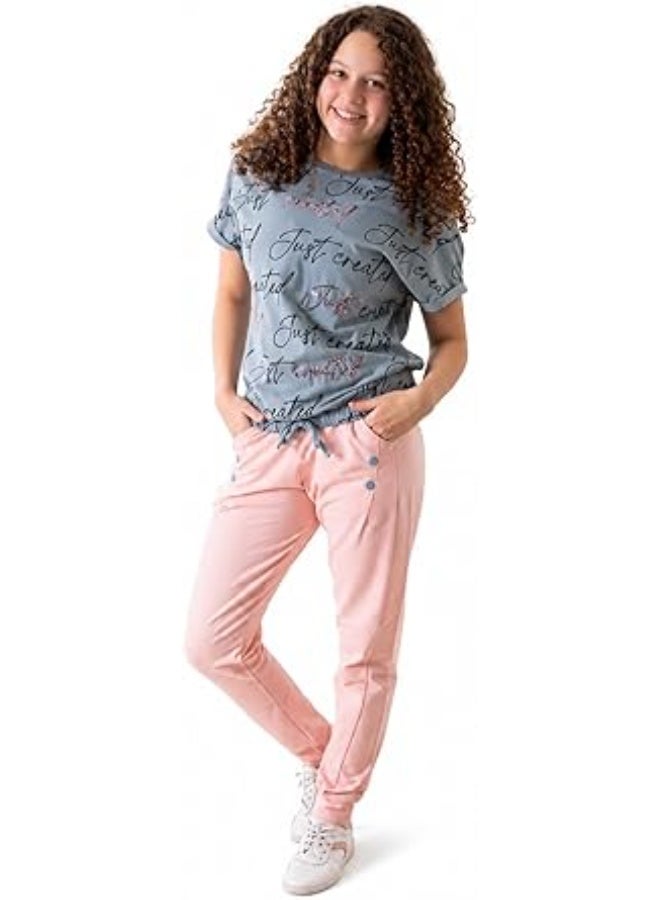 Girls Cotton Lycra T-Shirt and Jogger Pants Set Soft Breathable Stretch Casual Outfit Printed Short Sleeve Tee with Elastic Waist Drawstring Trousers Comfortable Daily Wear Stylish Kids Clothing Set - Image 1