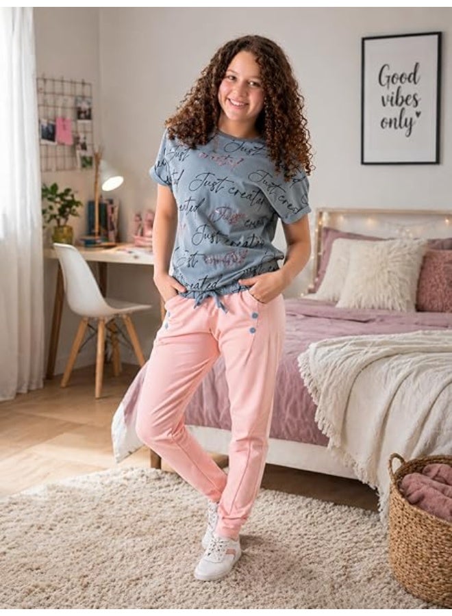 Girls Cotton Lycra T-Shirt and Jogger Pants Set Soft Breathable Stretch Casual Outfit Printed Short Sleeve Tee with Elastic Waist Drawstring Trousers Comfortable Daily Wear Stylish Kids Clothing Set - Image 3