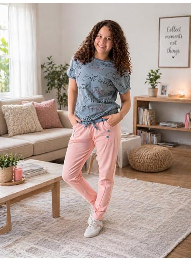 Girls Cotton Lycra T-Shirt and Jogger Pants Set Soft Breathable Stretch Casual Outfit Printed Short Sleeve Tee with Elastic Waist Drawstring Trousers Comfortable Daily Wear Stylish Kids Clothing Set - Image 2