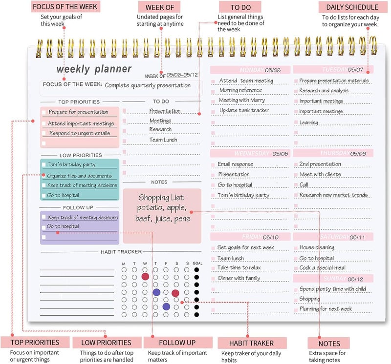 Accuprints Weekly Planner Notepad with 52 Undated Sheets（8.5"×11"）- Weekly Desk Planner Pad with Spiral Binding for Women & Man, Office (Multicolor Planner) - Image 3