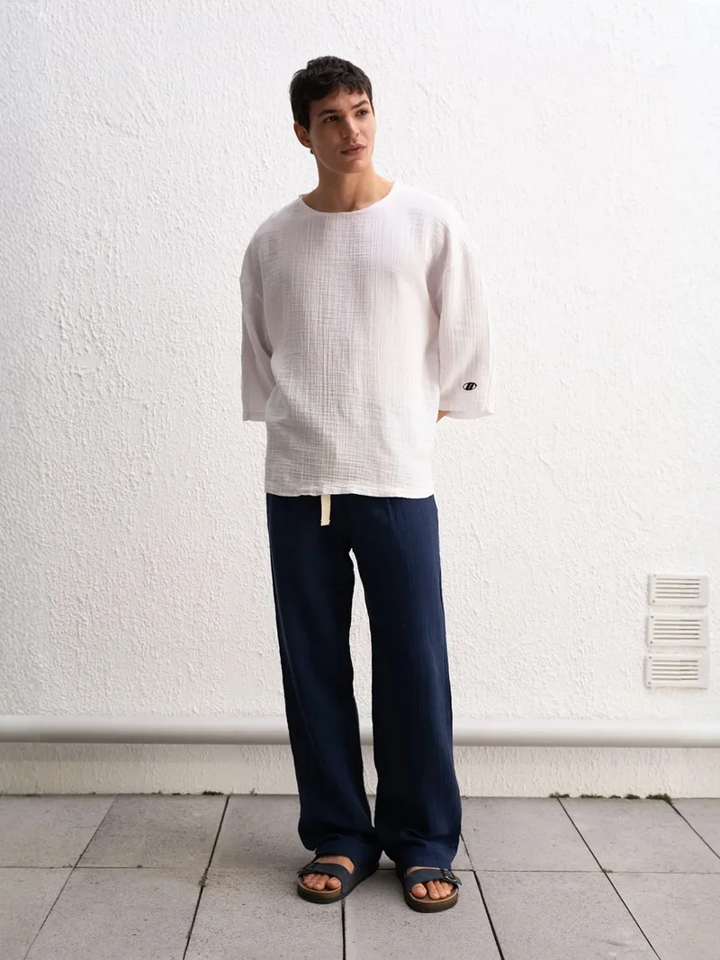 Giesto White GIESTO Muslin Crew Neck Long Sleeve T-Shirt for Men | Best Price UAE