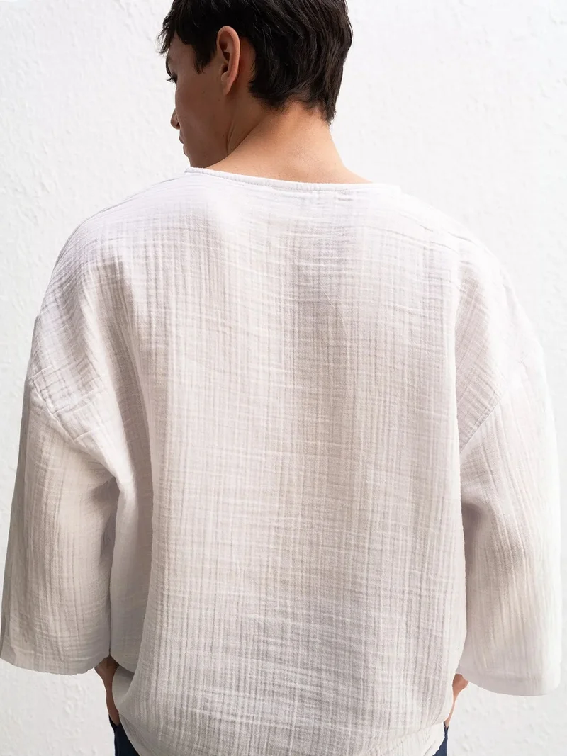 Giesto White GIESTO Muslin Crew Neck Long Sleeve T-Shirt for Men | Best Price UAE