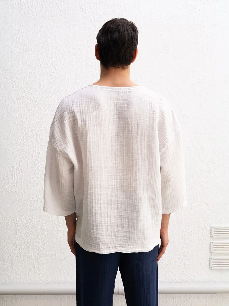 Giesto White GIESTO Muslin Crew Neck Long Sleeve T-Shirt for Men | Best Price UAE