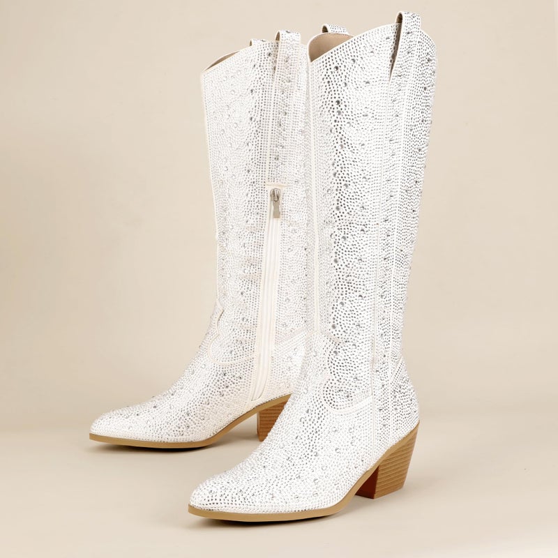 IDIFU IN3 Rhinestone Cowboy Boots for Women Knee High Western Cowgirl Boots Pointed Toe Block Chunky Heels Sparkly Glitter Long Tall Dress Booties Party Bling Shiny Boots(White Rhinestone, 8) - Image 4