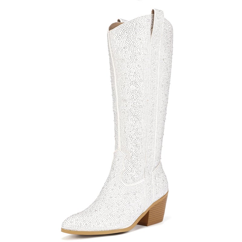IDIFU IN3 Rhinestone Cowboy Boots for Women Knee High Western Cowgirl Boots Pointed Toe Block Chunky Heels Sparkly Glitter Long Tall Dress Booties Party Bling Shiny Boots(White Rhinestone, 8) - Image 1