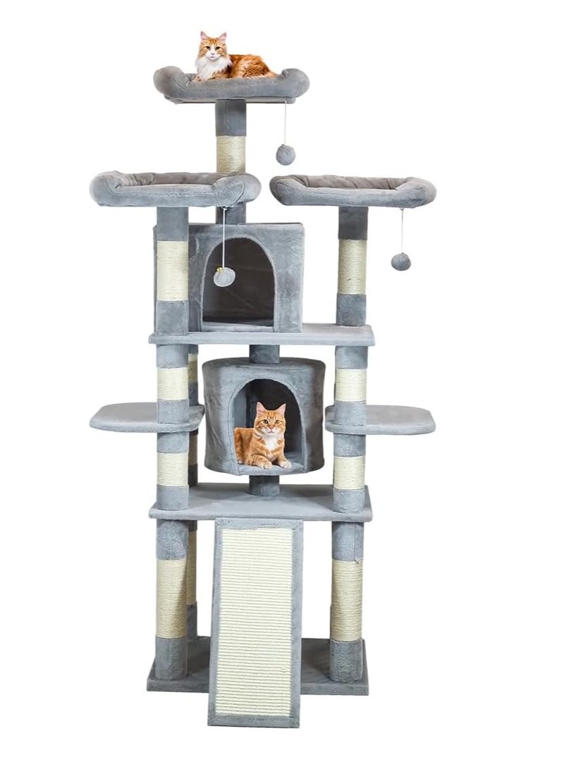 أن ان سي بيتس شجرة قطط طويلة متعددة المستويات مع مجاثم واسعة، لعبة متدلية تفاعلية، شقتان مريحتان، سلم تسلق مغطى بالسيزال، مركز أنشطة قطط متكامل للقطط الداخلية، سهل التجميع، 170 سم (رمادي) - Image 1