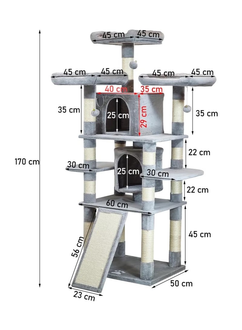 أن ان سي بيتس شجرة قطط طويلة متعددة المستويات مع مجاثم واسعة، لعبة متدلية تفاعلية، شقتان مريحتان، سلم تسلق مغطى بالسيزال، مركز أنشطة قطط متكامل للقطط الداخلية، سهل التجميع، 170 سم (رمادي) - Image 2
