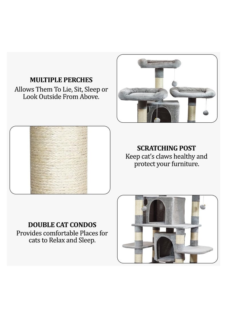 أن ان سي بيتس شجرة قطط طويلة متعددة المستويات مع مجاثم واسعة، لعبة متدلية تفاعلية، شقتان مريحتان، سلم تسلق مغطى بالسيزال، مركز أنشطة قطط متكامل للقطط الداخلية، سهل التجميع، 170 سم (رمادي) - Image 3