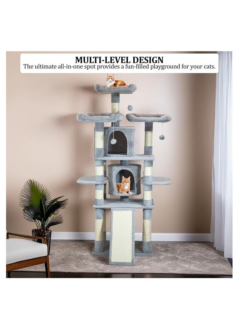 أن ان سي بيتس شجرة قطط طويلة متعددة المستويات مع مجاثم واسعة، لعبة متدلية تفاعلية، شقتان مريحتان، سلم تسلق مغطى بالسيزال، مركز أنشطة قطط متكامل للقطط الداخلية، سهل التجميع، 170 سم (رمادي) - Image 5