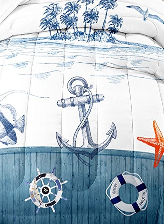 Suncloris Nautical Sailboat Comforter Set for Kids Adults, Twin Size Anchor Rudder Themed Bedding Quilt Bedspreads with 2 Coastal Ocean Plant Pillowcases - 68" x 86" (Twin, Dark Blue) - Image 3