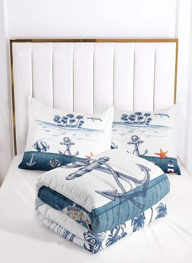 Suncloris Nautical Sailboat Comforter Set for Kids Adults, Twin Size Anchor Rudder Themed Bedding Quilt Bedspreads with 2 Coastal Ocean Plant Pillowcases - 68" x 86" (Twin, Dark Blue) - Image 5
