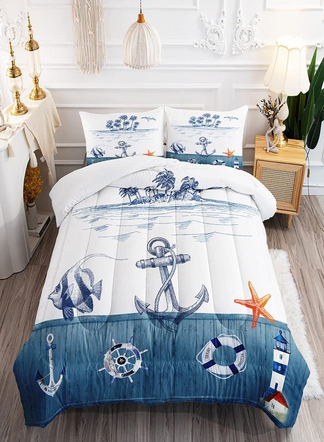 Suncloris Nautical Sailboat Comforter Set for Kids Adults, Twin Size Anchor Rudder Themed Bedding Quilt Bedspreads with 2 Coastal Ocean Plant Pillowcases - 68" x 86" (Twin, Dark Blue) - Image 1