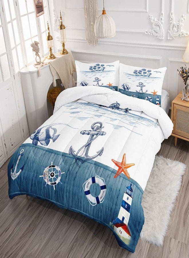 Suncloris Nautical Sailboat Comforter Set for Kids Adults, Twin Size Anchor Rudder Themed Bedding Quilt Bedspreads with 2 Coastal Ocean Plant Pillowcases - 68" x 86" (Twin, Dark Blue) - Image 2