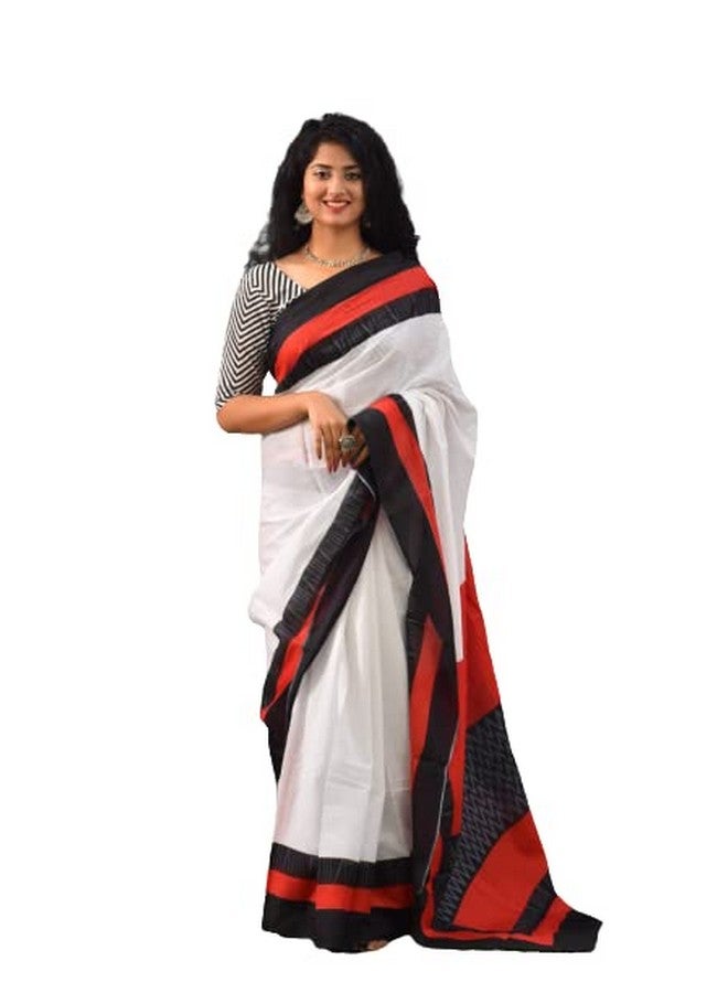Kiaaron Women's Ikat Hand Block Print Jaipuri Cotton Mulmul Saree with Blouse Piece - White_326 - Image 1
