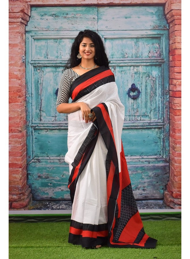 Kiaaron Women's Ikat Hand Block Print Jaipuri Cotton Mulmul Saree with Blouse Piece - White_326 - Image 2