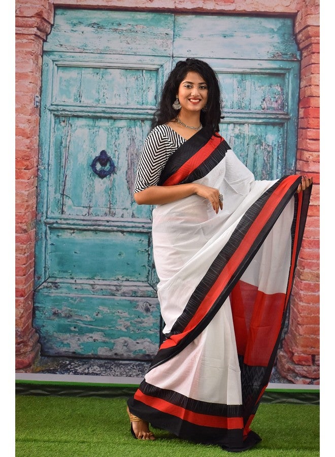 Kiaaron Women's Ikat Hand Block Print Jaipuri Cotton Mulmul Saree with Blouse Piece - White_326 - Image 3