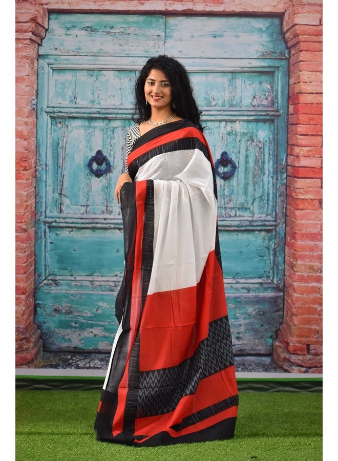 Kiaaron Women's Ikat Hand Block Print Jaipuri Cotton Mulmul Saree with Blouse Piece - White_326 - Image 5