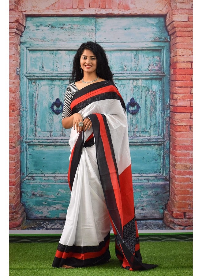 Kiaaron Women's Ikat Hand Block Print Jaipuri Cotton Mulmul Saree with Blouse Piece - White_326 - Image 4