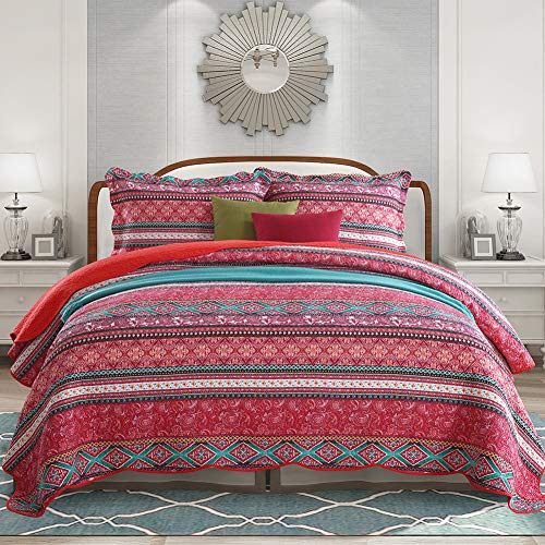 NEWLAKE Cotton Bedspread Quilt SetsReversible Patchwork Coverlet Set Striped Bohemian PatternQueen Size