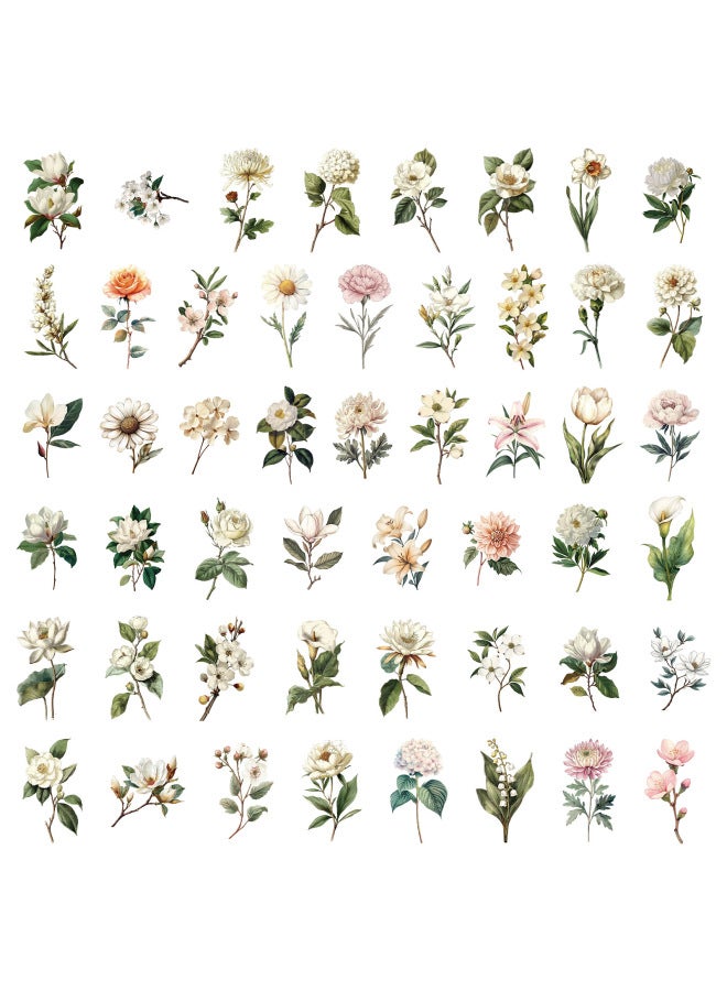 50 Retro Flower Stickers On Branches, Creative Pet Transparent Decorative Handbags, Waterproof Diy Stickers