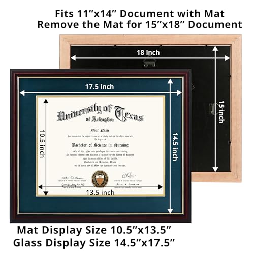 GraduationMall 11x14 Diploma Frame with Navy over Gold Mat or Display 15x18 Certificate without Mat,Solid Wood & UV Protection Acrylic,Cherry Finish with Gold Trim - Image 3