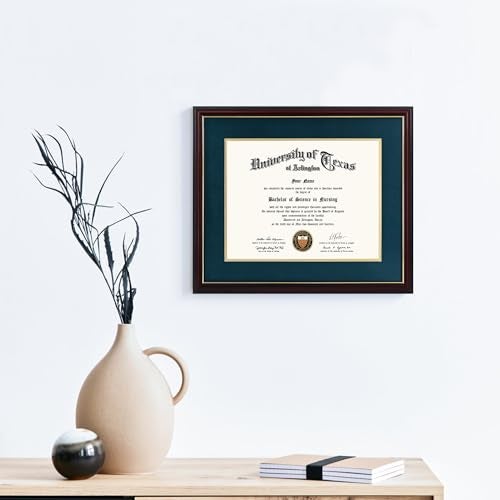 GraduationMall 11x14 Diploma Frame with Navy over Gold Mat or Display 15x18 Certificate without Mat,Solid Wood & UV Protection Acrylic,Cherry Finish with Gold Trim - Image 2