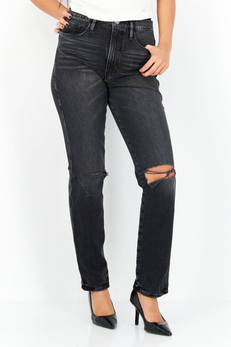 FRAME Women Straight Fit Washed Stretchable Denim, Black - Image 1