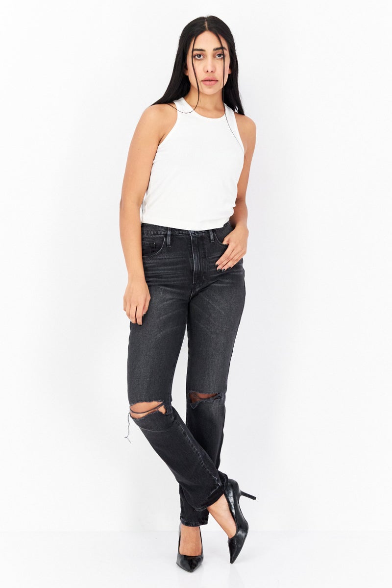 FRAME Women Straight Fit Washed Stretchable Denim, Black - Image 2