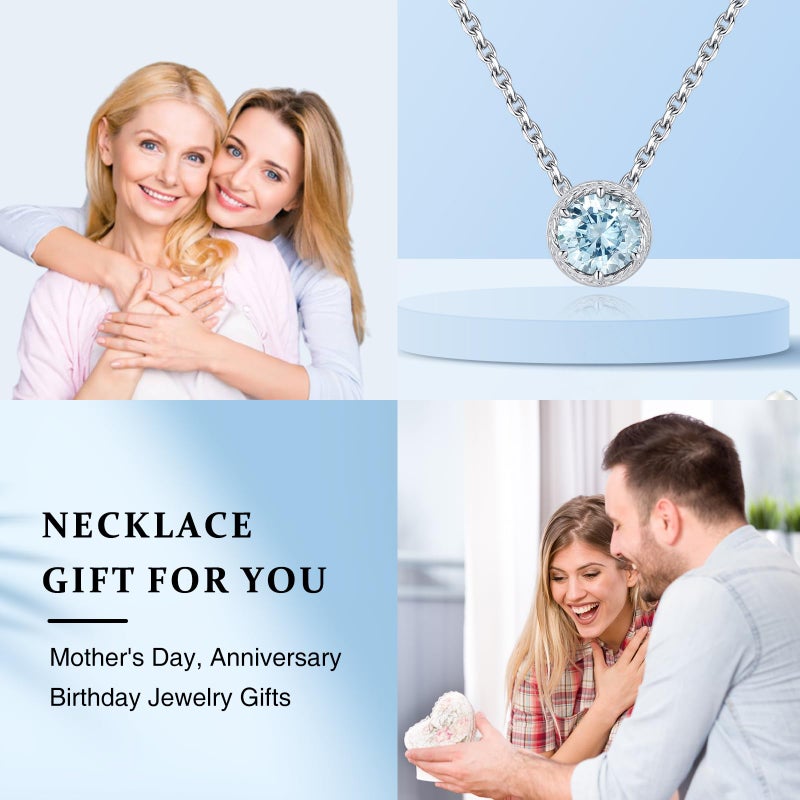 Presentski March Birthstone Necklace White Gold for Mom Women Sterling Silver CZ Blue Pendant Necklaces - Image 3