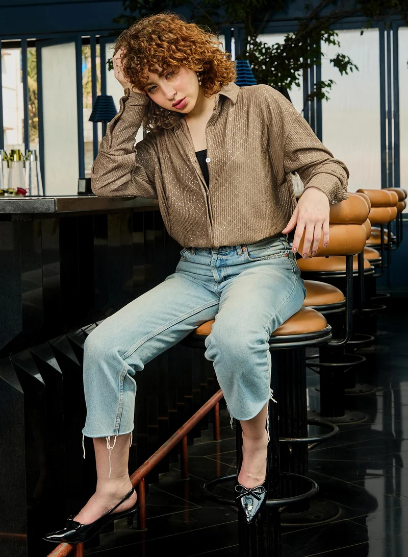 Pinacolada  Women's Brown Self Design Relaxed Shirt For Casual Wear | Collared Neck | Long Sleeve | Button Closure | Shirt Crafted With Polyester Comfort Fit For Everyday Wear for Women | Best Price UAE