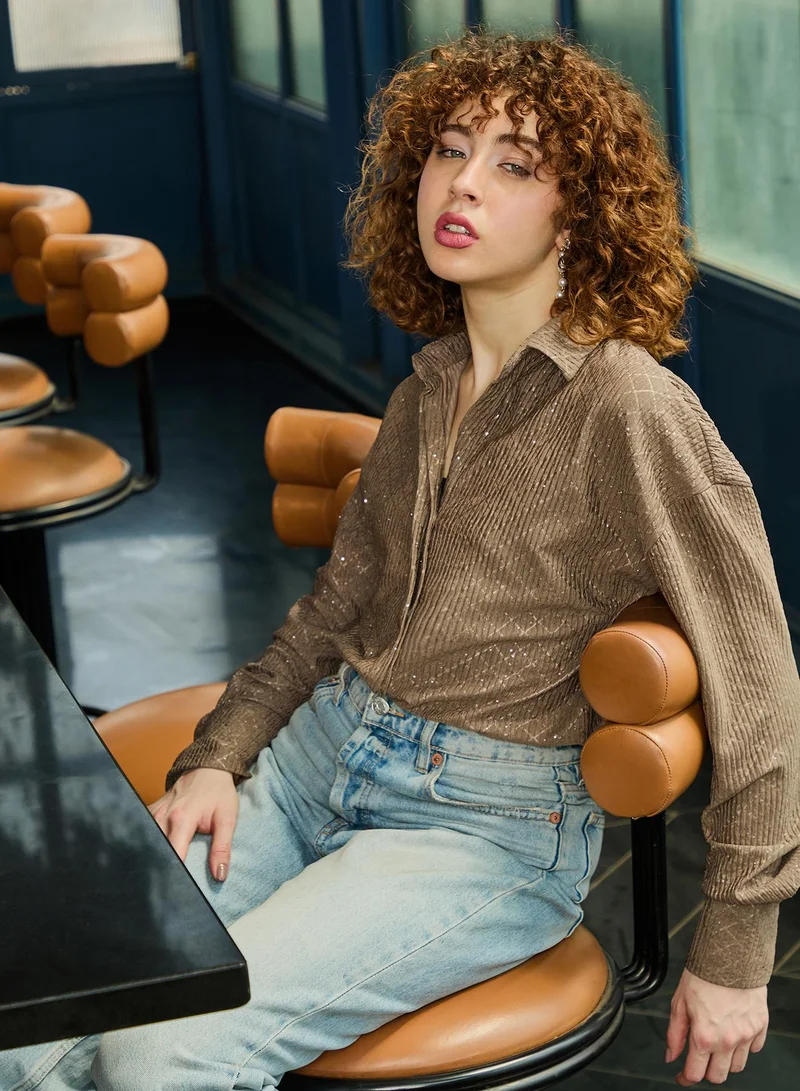 Pinacolada  Women's Brown Self Design Relaxed Shirt For Casual Wear | Collared Neck | Long Sleeve | Button Closure | Shirt Crafted With Polyester Comfort Fit For Everyday Wear for Women | Best Price UAE
