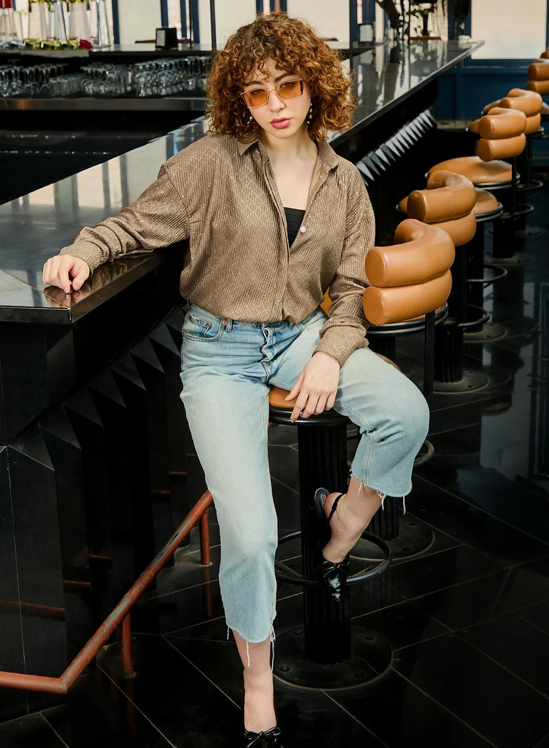 Pinacolada  Women's Brown Self Design Relaxed Shirt For Casual Wear | Collared Neck | Long Sleeve | Button Closure | Shirt Crafted With Polyester Comfort Fit For Everyday Wear for Women | Best Price UAE