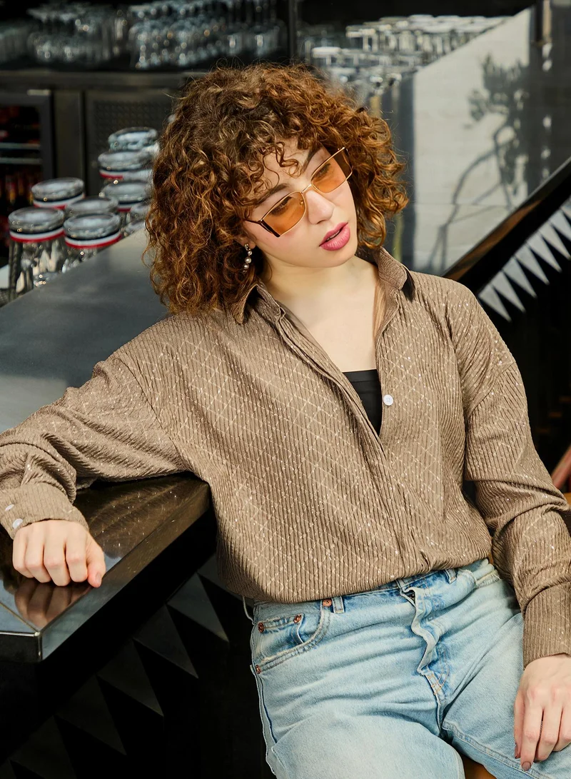 Pinacolada  Women's Brown Self Design Relaxed Shirt For Casual Wear | Collared Neck | Long Sleeve | Button Closure | Shirt Crafted With Polyester Comfort Fit For Everyday Wear for Women | Best Price UAE