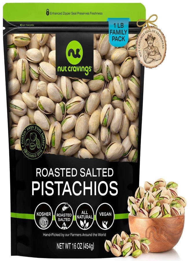 NUT CRAVINGS - Freshly Roasted & Salted California Pistachios (16oz - 1 LB) Packed Fresh in Resealable Bag - Nut Snack - Food Assortments - Image 1